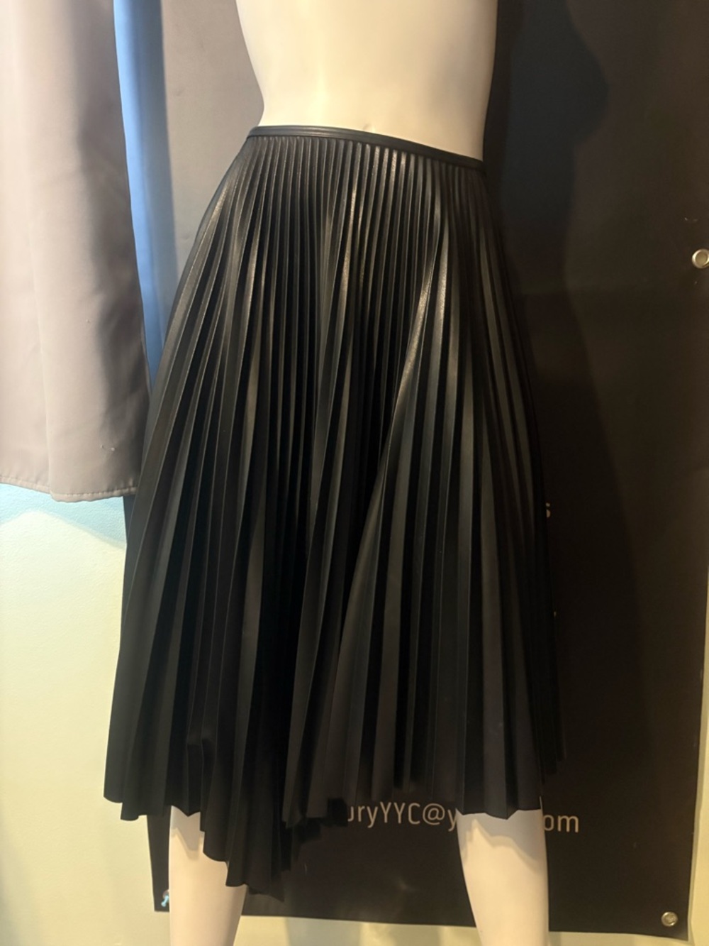 Leather Asymmetrical Black Pleated Midi Skirt